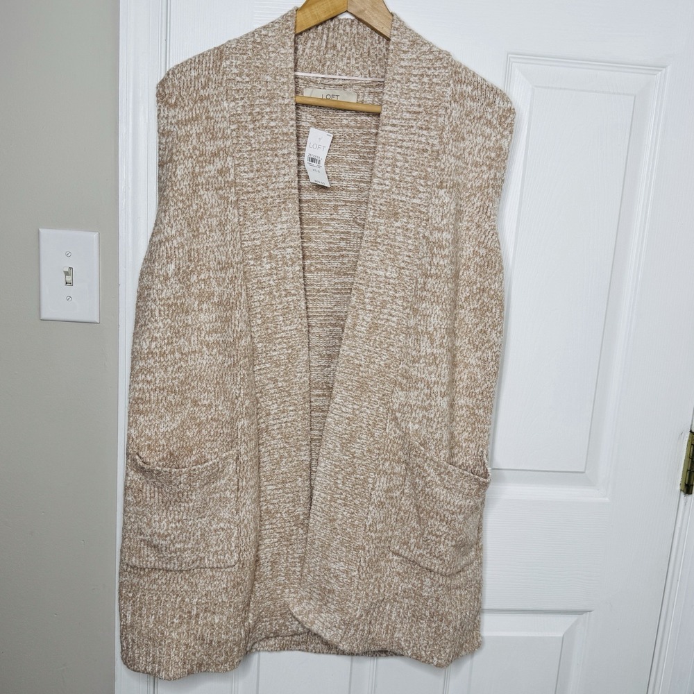 LOFT Sleeveless Wool Blend Knit Cardigan Sweater Tan White‎ XS/S NWT